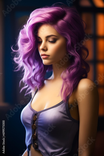 Woman with purple hair and grey tank top.