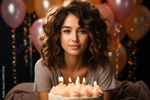 Woman sitting in front of cake with candles.