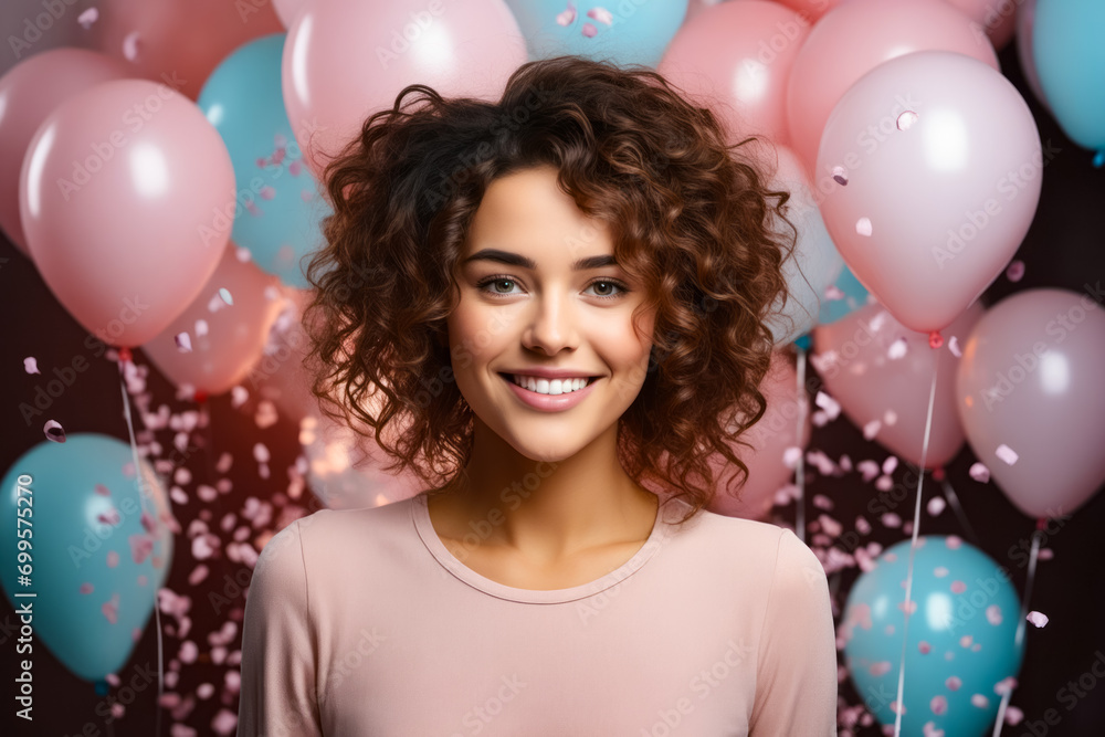 Woman with curly hair standing in front of balloons.