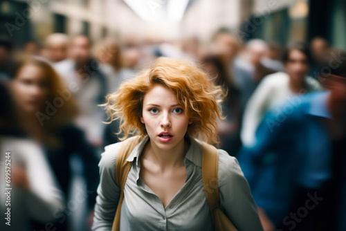 Woman with red hair walking down crowded street.