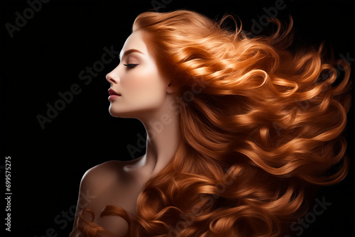Woman with long red hair is shown in this artistic photo.