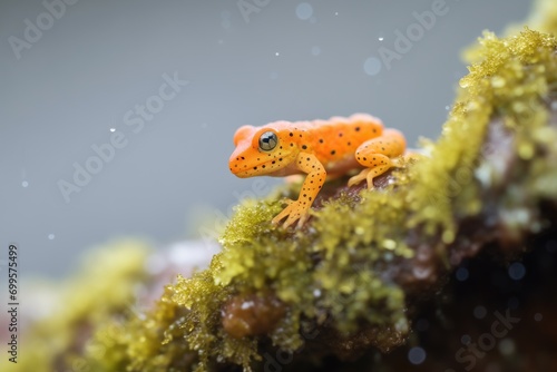 red-spotted newt on mossy boulder