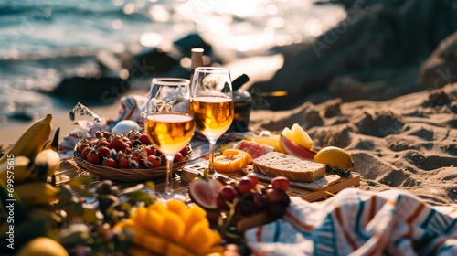 Close up picnic on the ocean beach photo with snacks, wine, fruits, professional photo, sharp focus