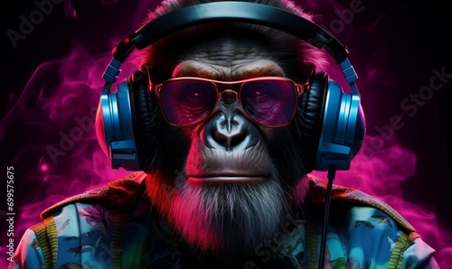 Chimpanzee in bright informal clothes wearing big professional headphones, in neon light. DJ clubbing concept. Front view