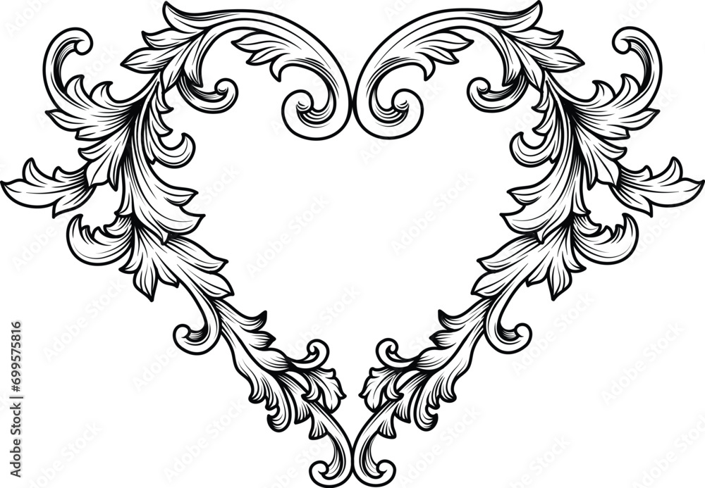 Love heart symbol engraved with baroque ornament - obrazy, fototapety, plakaty 
