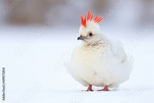 ptarmigan on white snowy field, feathers fluffed photo
