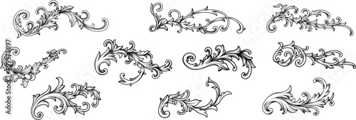 Set of Vintage Baroque Victorian border floral ornament leaf scroll engraved retro flower pattern decorative design. Vector damask patterns with flourishes calligraphic engraved ink style.