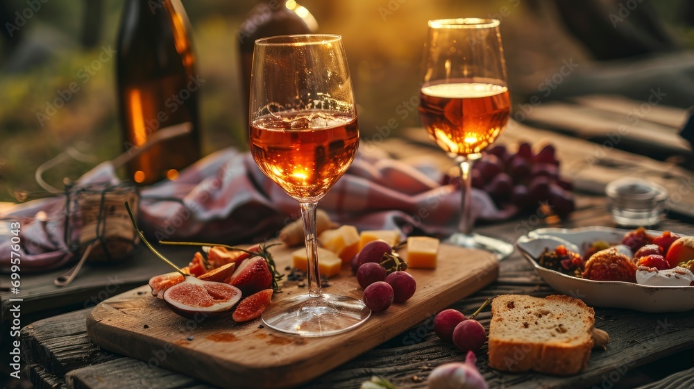 Picnic close up lovely photo with wine, two glasses and appetizers in a beautiful romantic place, professional photo, sharp focus