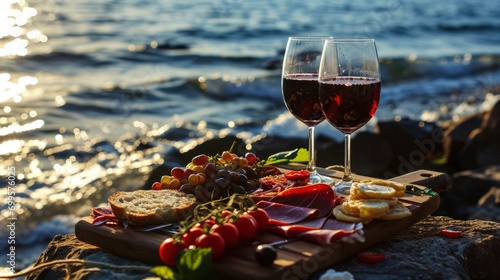 Picnic close up lovely photo with wine, two glasses and appetizers on the calm sea shore, professional photo, sharp focus