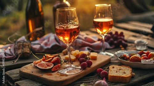 Picnic close up lovely photo with wine, two glasses and appetizers in a beautiful romantic place, professional photo, sharp focus