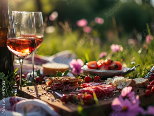 Picnic close up photo on a flower meadow, wine and appetizers, professional photo, sharp focus