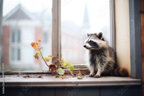 raccoon sitting on a window ledge photo