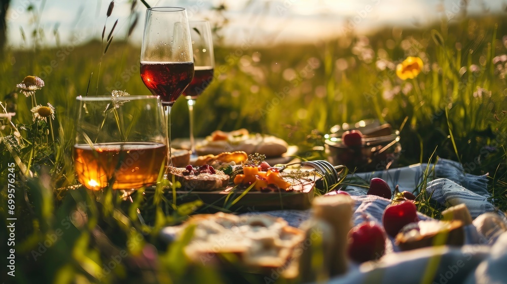Romantic picnic close up photo with wine and appetizers on the meadow, professional photo, sharp focus