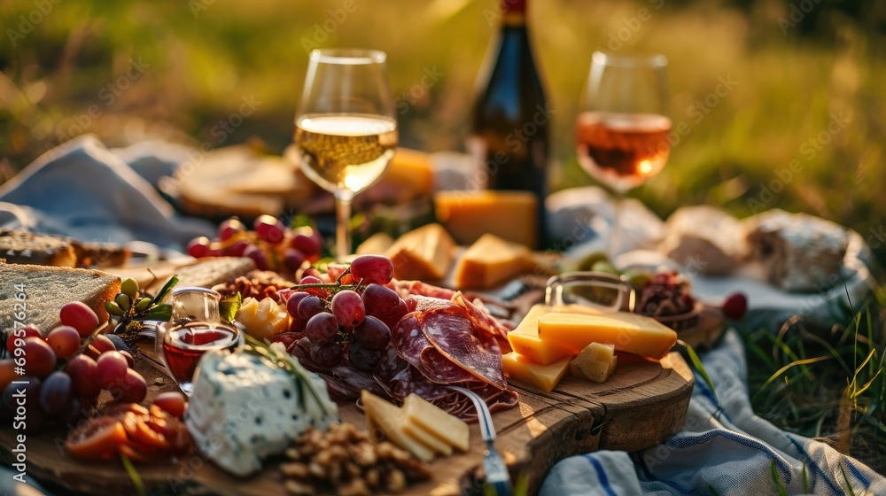 Romantic picnic close up photo with wine and appetizers in a beautiful place, professional photo, sharp focus