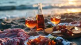 Romantic picnic close up photo with wine and appetizers on the calm ocean beach, professional photo, sharp focus