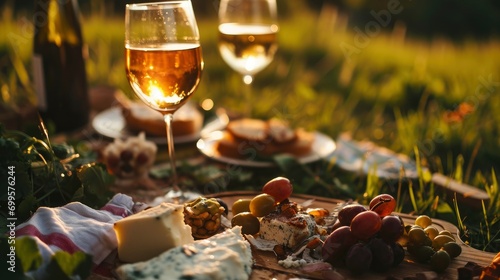 Romantic picnic close up photo with wine and appetizers on the meadow, professional photo, sharp focus