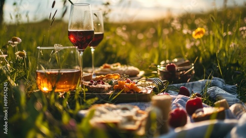 Romantic picnic close up photo with wine and appetizers on the meadow, professional photo, sharp focus
