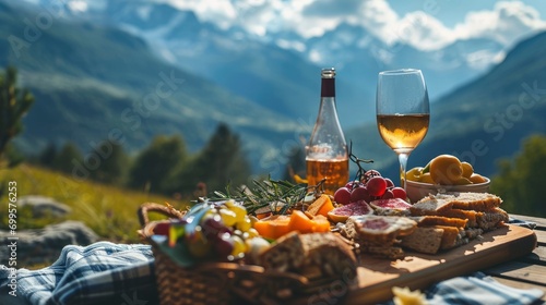 Romantic picnic close up photo with wine and appetizers with high mountain peaks view, professional photo, sharp focus
