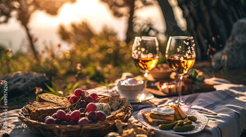 Romantic picnic close up photo with wine and appetizers in a beautiful place, professional photo, sharp focus