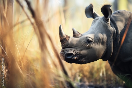 black rhino with large horn in dense brush