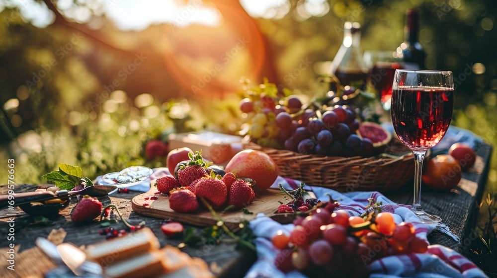 Romantic picnic with a beautiful view of nature close up photo with wine and fruits, professional photo, sharp focus