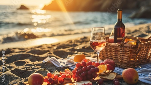 Romantic picnic on the ocean beach close up photo with wine and fruits, professional photo, sharp focus photo