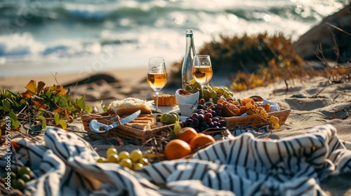 Romantic picnic on the ocean beach, food, wine, fruits, professional photo, sharp focus, lots of details