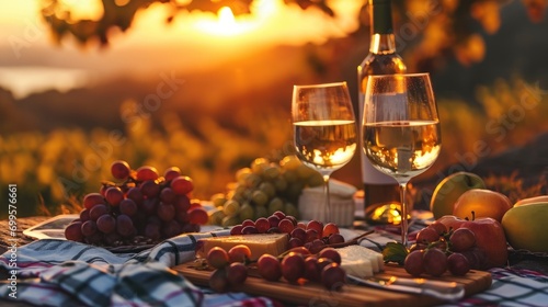 Romantic picnic with a beautiful view of nature close up photo with wine and fruits, professional photo, sharp focus