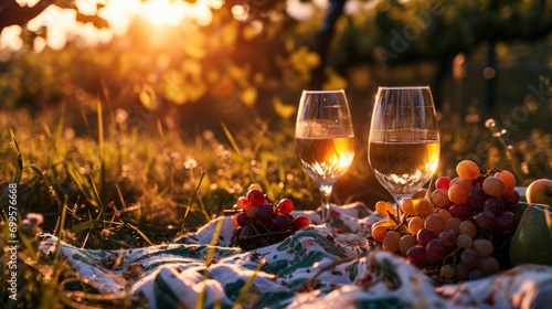 Romantic picnic with a beautiful view of nature close up photo with wine and fruits, professional photo, sharp focus © shooreeq