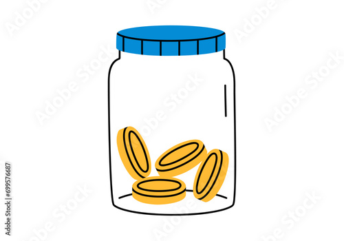 Hand drawn cute cartoon illustration of outline jar with coins. Flat vector moneybox for savings sticker in doodle style. Financial literacy or bank deposit icon or print. Financial cushion. Isolated.