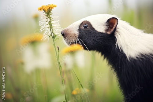 skunk sniffing flower in wild meadow