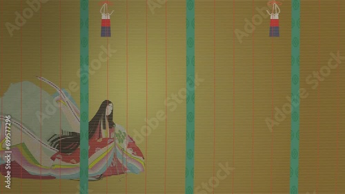 平安絵巻風の十二単衣を着た女性。御簾の陰にいる姫。イメージイラスト動画