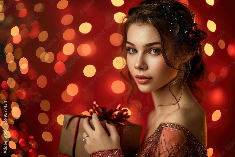 Sensual pretty young woman model with gift box posing in beautiful fashion dress, professional studio photo, high details, sharp focus, festive bright background