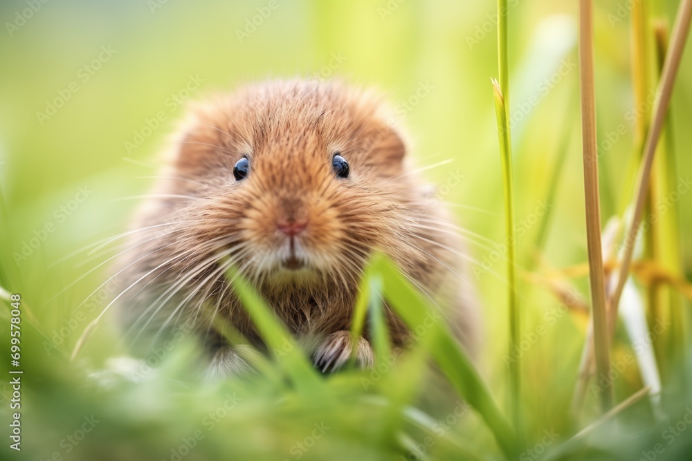 vole sitting erect beside grass, on alert