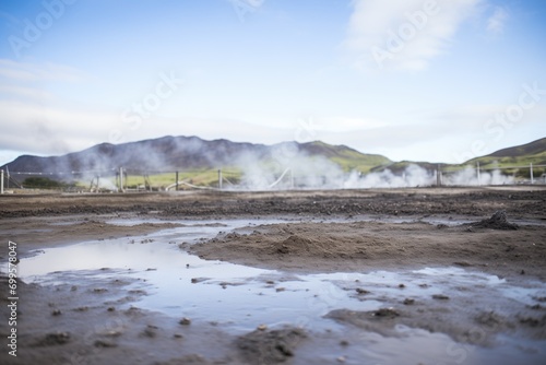 bubbling mud pool near a volcanic field with steam rising