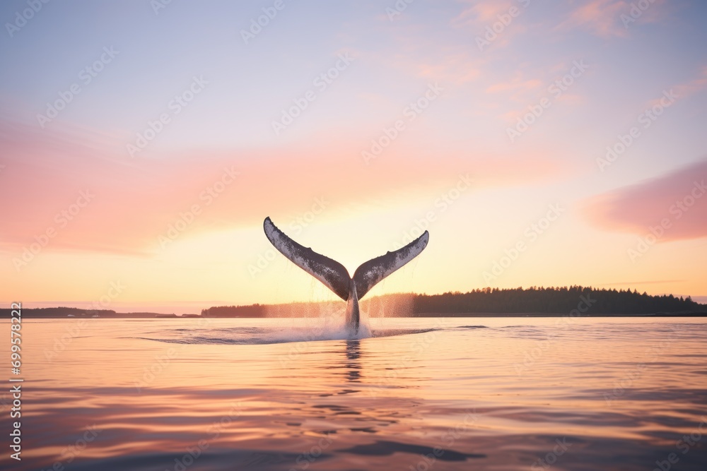 Naklejka premium whale tail flipping above water at sunset