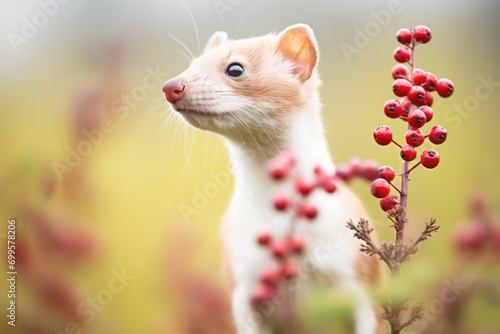 weasel pausing by wild berries