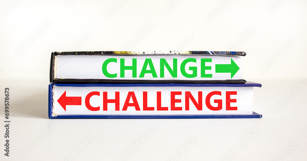 Challenge or change symbol. Concept word Challenge or Change on beautiful books. Beautiful white table white background. Business and challenge or change concept. Copy space.