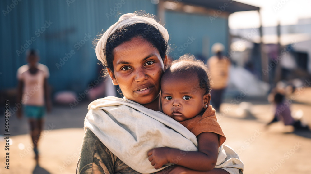 Young homeless woman holds baby in her arms. Refugee camp, place of temporary refuge, integration of migrants and immigrants. Busy refugee camp amidst conflict. - obrazy, fototapety, plakaty 