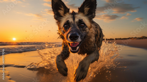 Photo of a wild dog running along the seashore against the background of the sunset. 