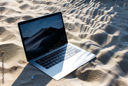a laptop computer sitting on top of a sandy beach