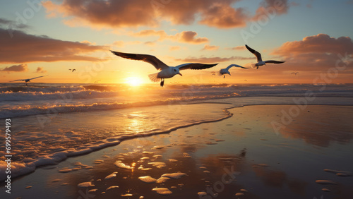 Photo of a seagulls running along the seashore against the background of the sunset. 