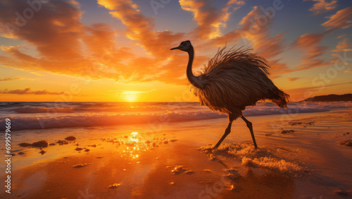 Photo of a ostrich running along the seashore against the background of the sunset. 