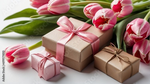 A bouquet of pink tulips.Holiday gifts with ribbon and bow. A festive floral arrangement. The blooming of spring flowers are tulips. Flowers for postcards, greetings, weddings, holiday, birthday. © OneMoreTry