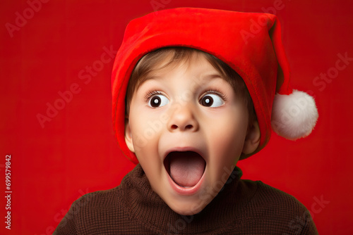 Excited little boy with big eyes in Santa Claus costume, bright red background.