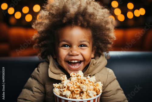 Funny and ridiculous African American child boy eats caramel popcorn photo