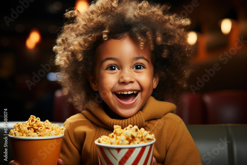 Funny and ridiculous African American child girl eats caramel popcorn