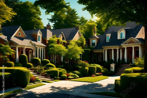 A row of upscale houses in a North American suburb, bathed in warm summer sunlight. The elegant homes are surrounded by lush greenery, creating a picture-perfect residential landscape.