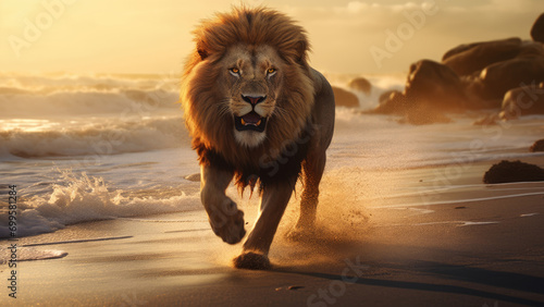 Photo of a lion running along the seashore against the background of the sunset.  © Adam