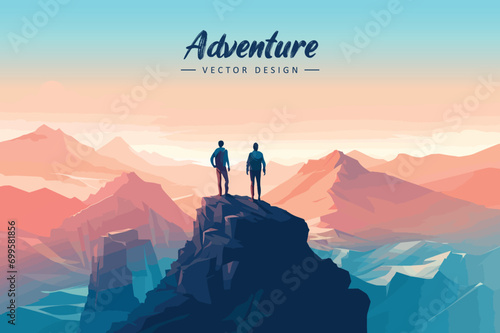 couple stand on cliff on mountain view vector illustration